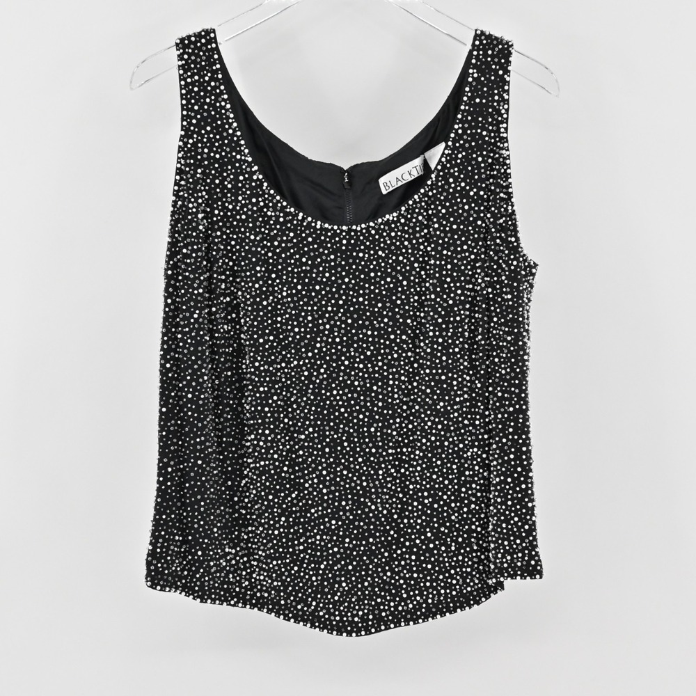 Vtg Beaded Silk Top Womens Size 2X Sleeveless Embellished Oleg Cassini Black Tie